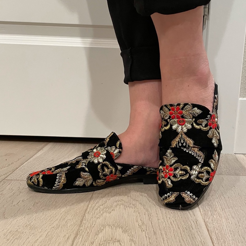 Free People Brocade At Ease Black Embroidered Loafer Slides